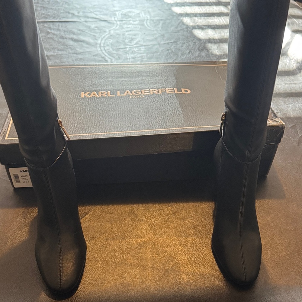 NWT Karl Lagerfeld Black Vasco Faux Leather Knee Heeled Boots Size 9.5